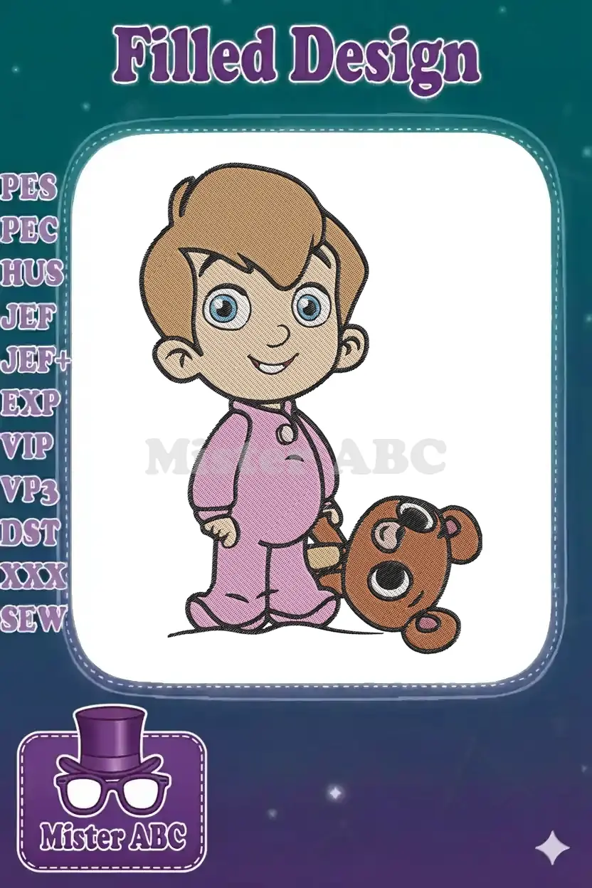 A delightful embroidery design of a young boy with light brown hair and blue eyes, wearing pink pajamas and holding a brown teddy bear.