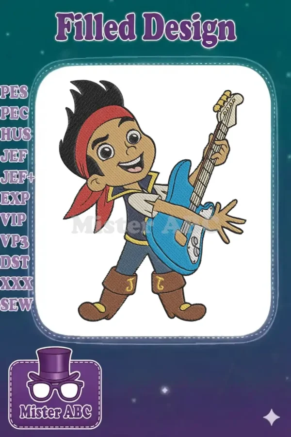 Vibrant embroidery of Jake from Neverland Pirates, joyfully playing a bright blue electric guitar.