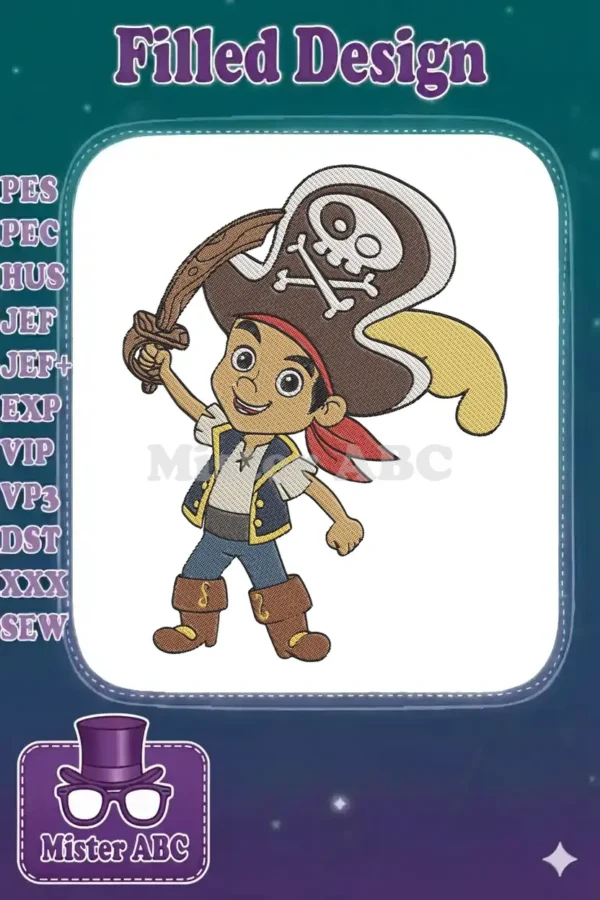 Vibrant embroidery design of Jake the Pirate from Disney, ready for adventure with sword and pirate hat.