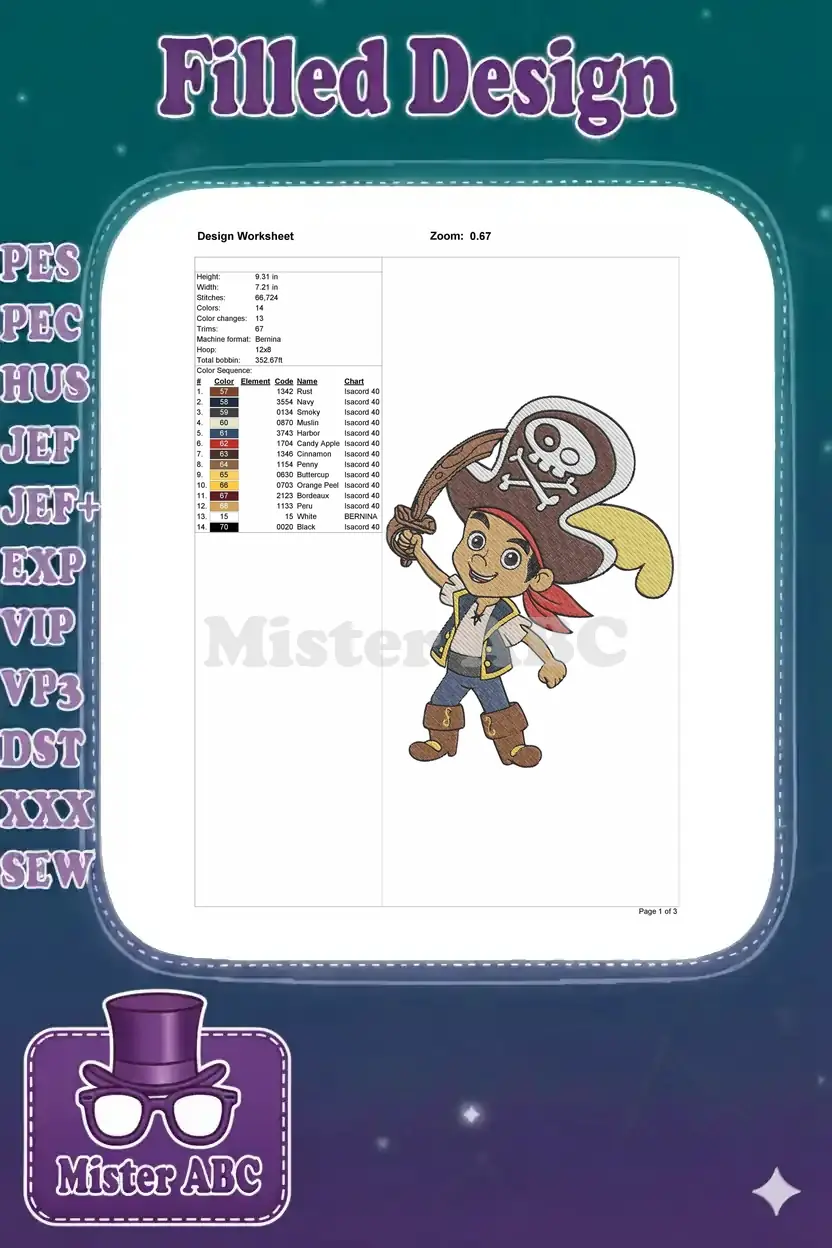 Embroidery design worksheet for Jake the Pirate, detailing dimensions, stitch count, colors, and machine info.