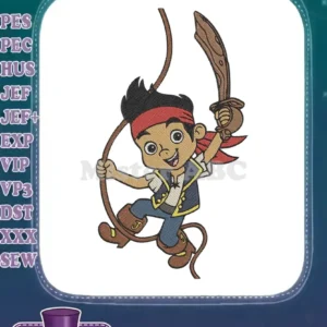 Vibrant embroidery of Jake from Never Land Pirates, swinging on a rope with a sword, ready for adventure.