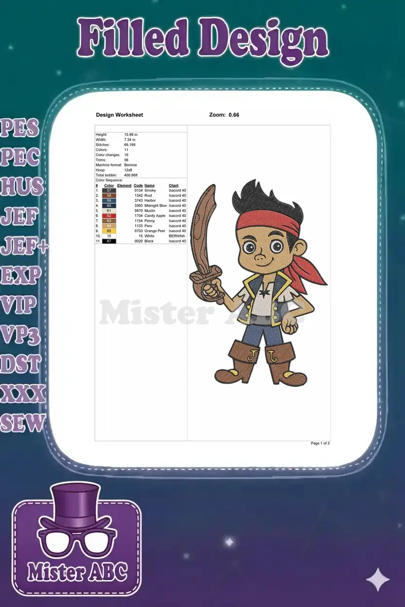 A comprehensive embroidery design worksheet displaying dimensions, stitch count, color sequence, and thread details for Jake.
