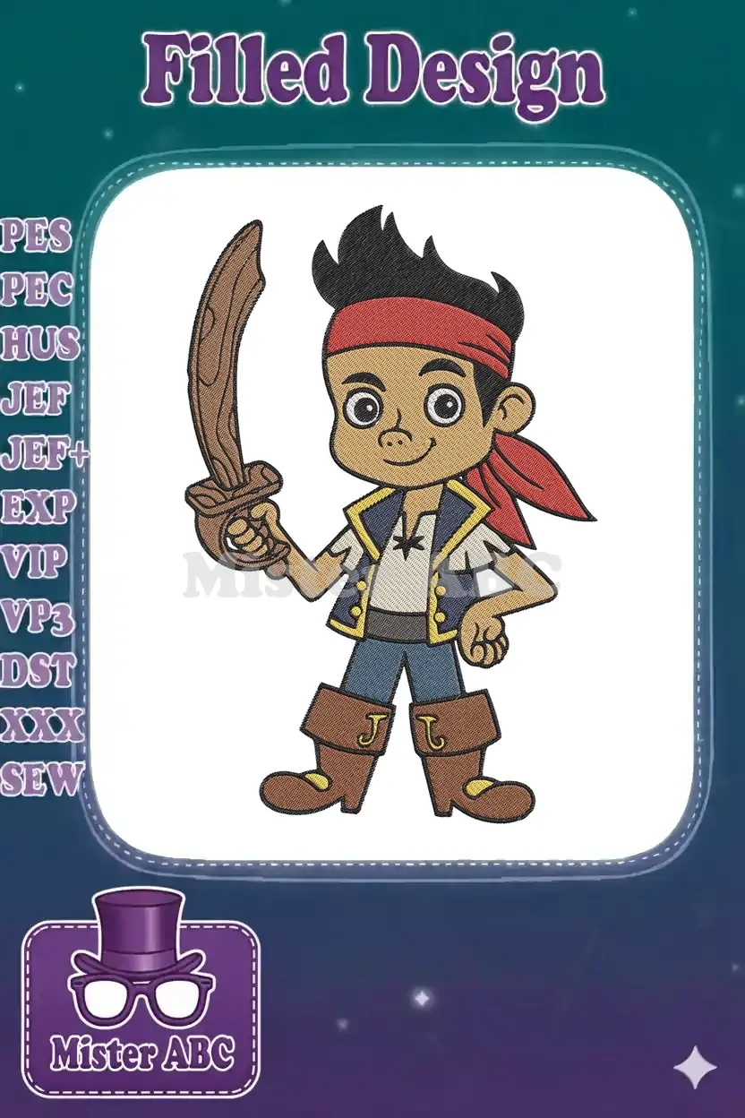 A detailed embroidery design of Jake from Jake and the Never Land Pirates, holding a wooden sword, ready for adventure.