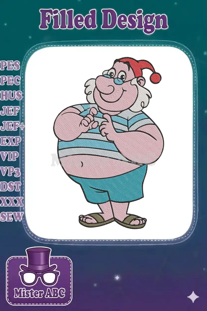 Embroidered design of a cheerful, portly cartoon man in a striped shirt, blue shorts, red hat, and sandals.
