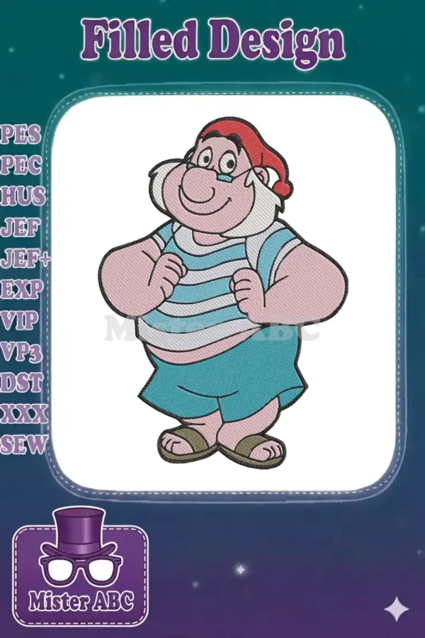 A cheerful Mr. Smee embroidery design, featuring his iconic red beanie, striped shirt, and glasses.