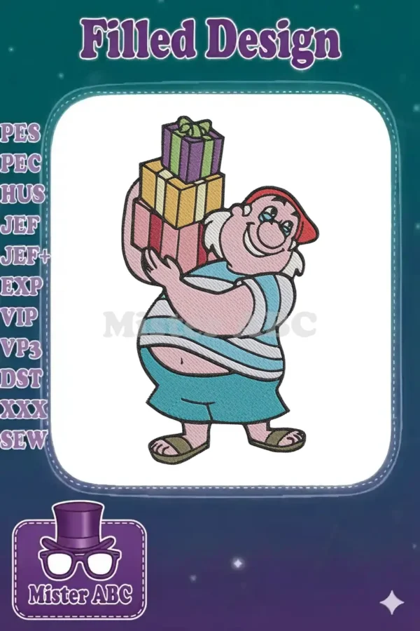 An embroidered cartoon character, Smee from Peter Pan, smiling broadly while carrying a large stack of colorful gifts.