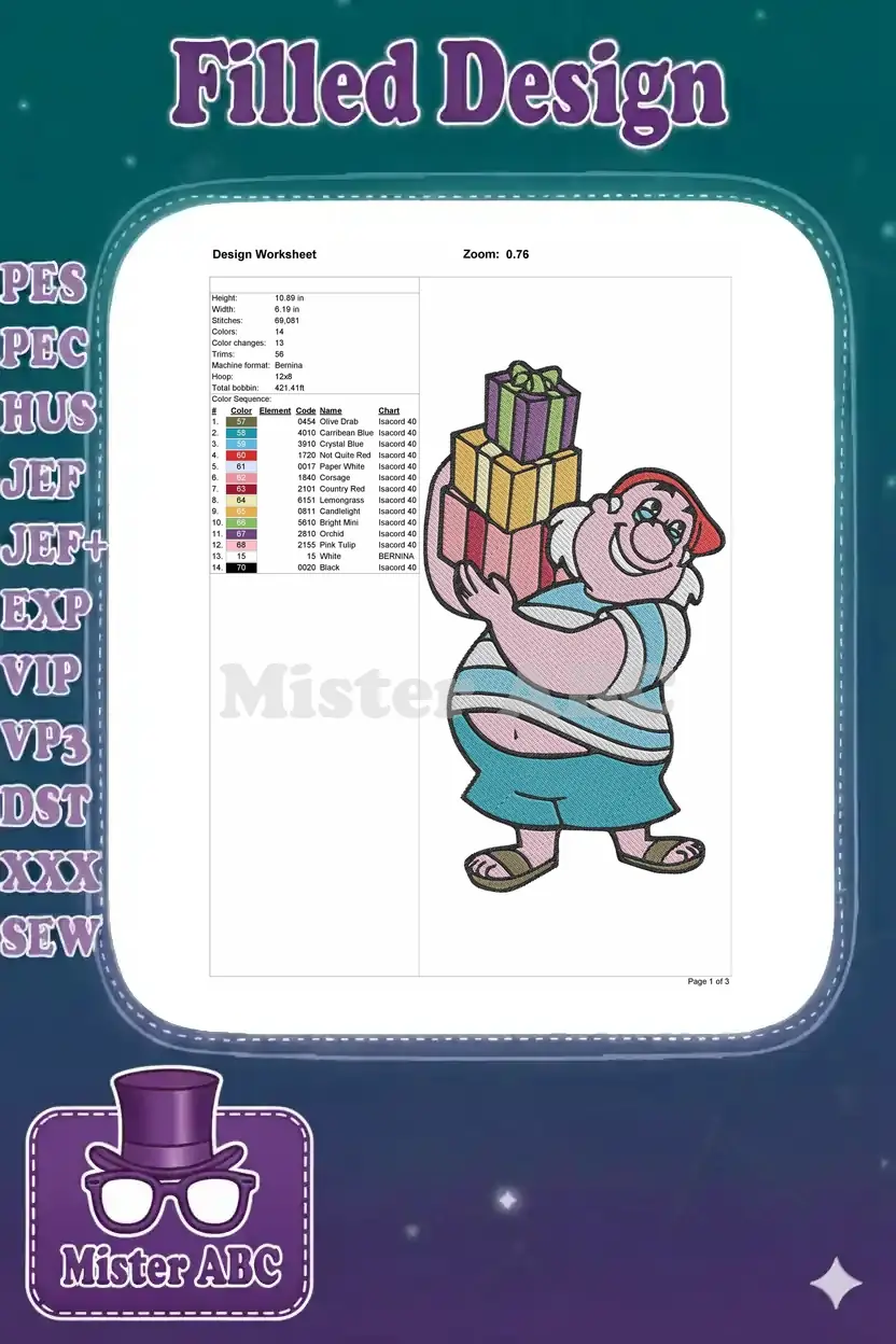 Embroidery design worksheet for Smee with gifts, showing stitch count, color sequence, dimensions, and machine format.