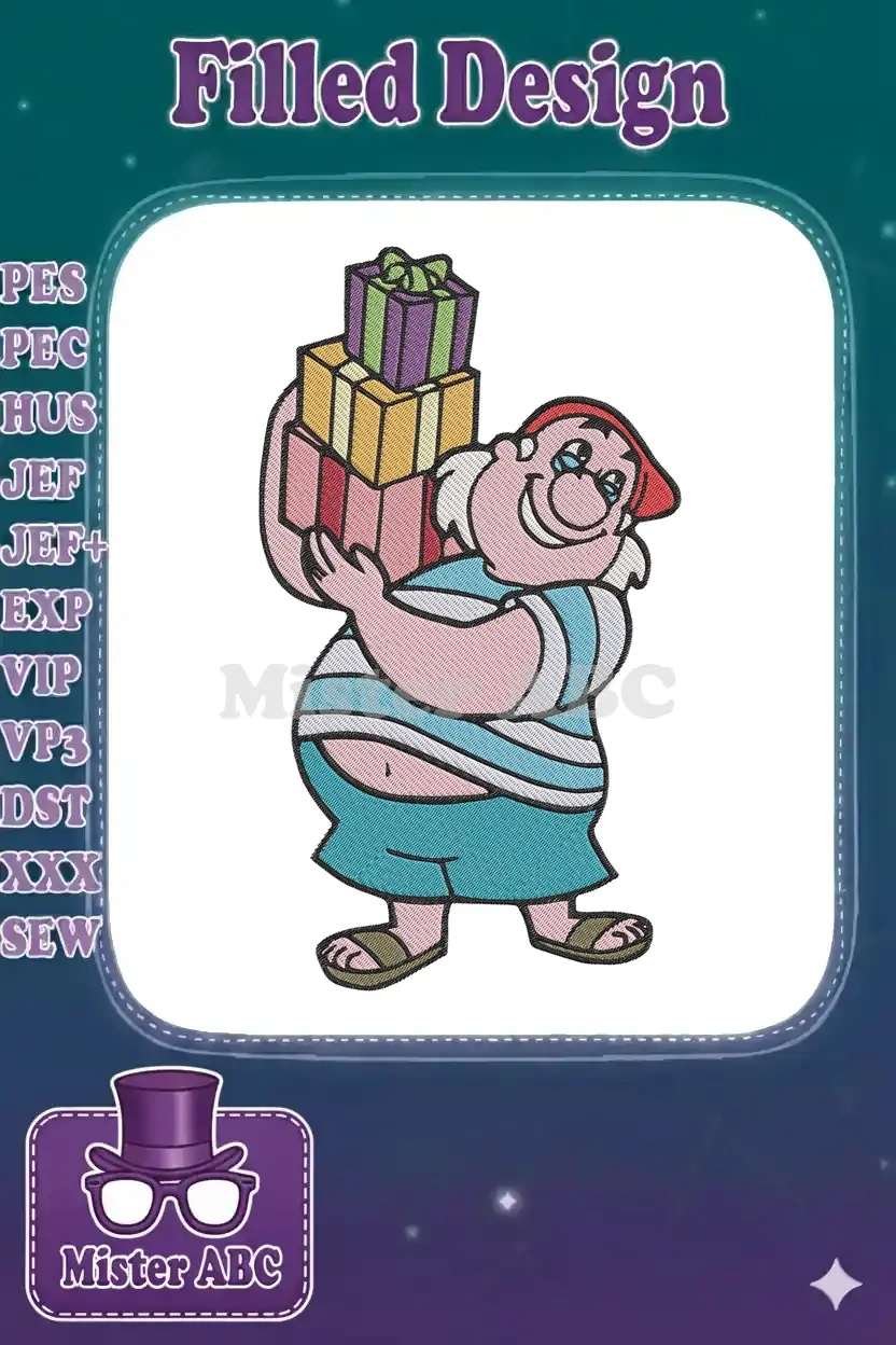An embroidered cartoon character, Smee from Peter Pan, smiling broadly while carrying a large stack of colorful gifts.