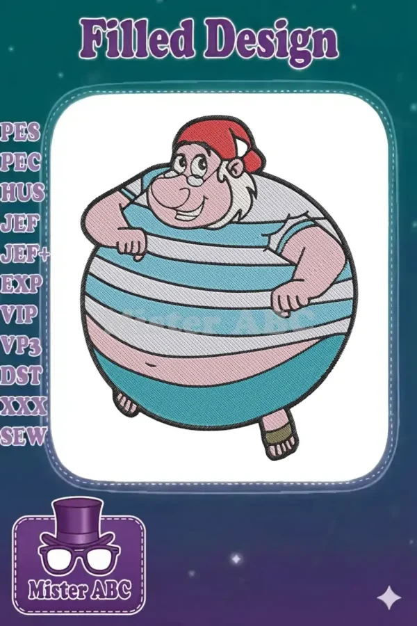 A vibrant embroidery design featuring a cheerful, rotund Smee from Peter Pan, with a red cap and striped shirt.