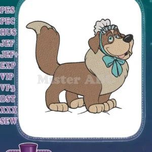 Close-up of an embroidered St. Bernard dog, wearing a white bonnet and a light blue bow, facing right.