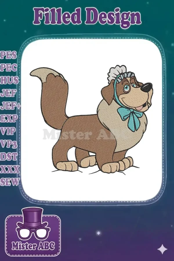 Close-up of an embroidered St. Bernard dog, wearing a white bonnet and a light blue bow, facing right.