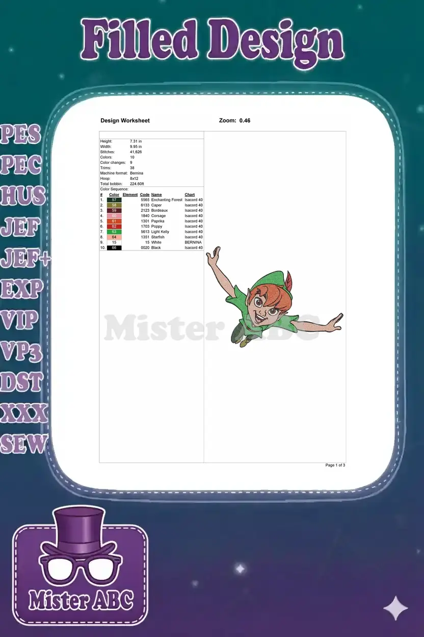 Embroidery design worksheet showing dimensions, stitch count, color chart, and a small preview of Peter Pan.