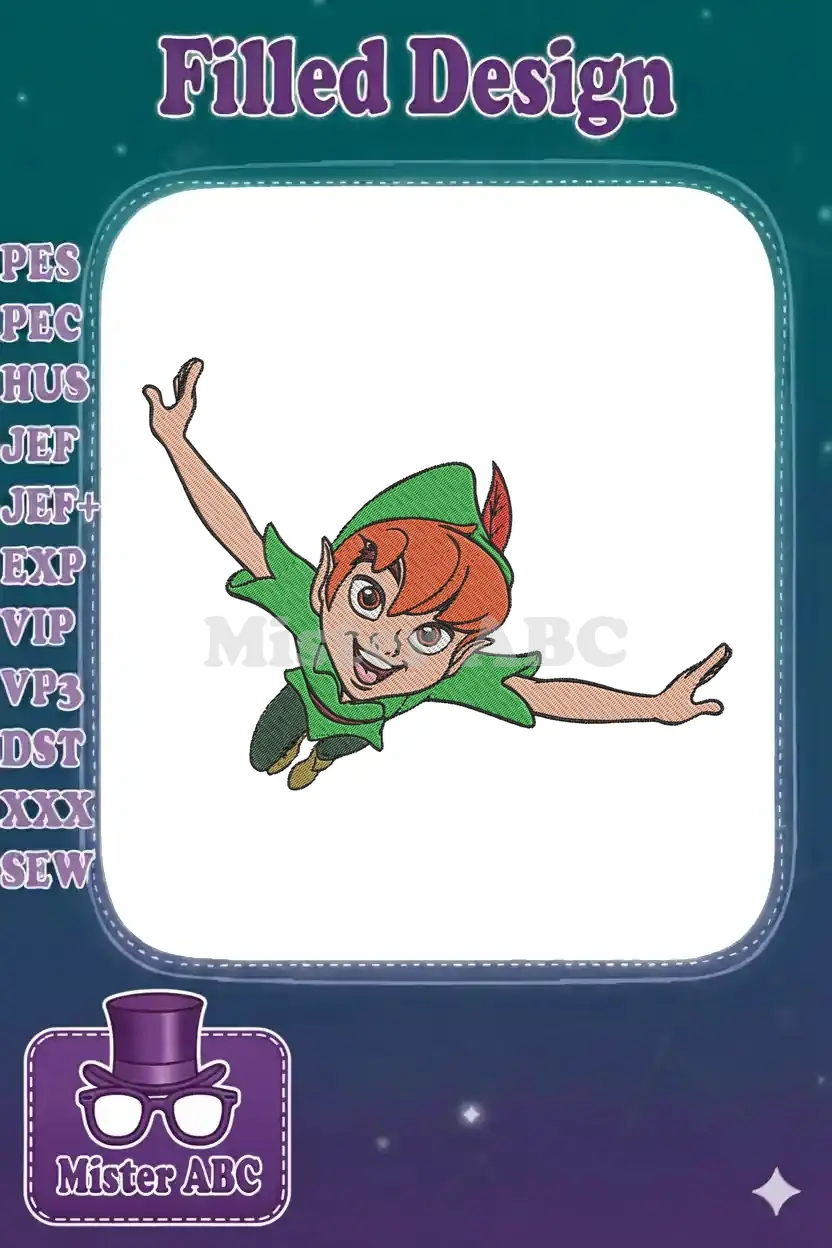 Detailed embroidery design of Peter Pan in mid-flight, arms outstretched, with a joyful expression and vibrant colors.