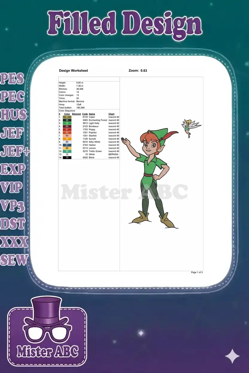 Embroidery design worksheet for Peter Pan and Tinker Bell, detailing stitch count, dimensions, color sequence, and machine formats.