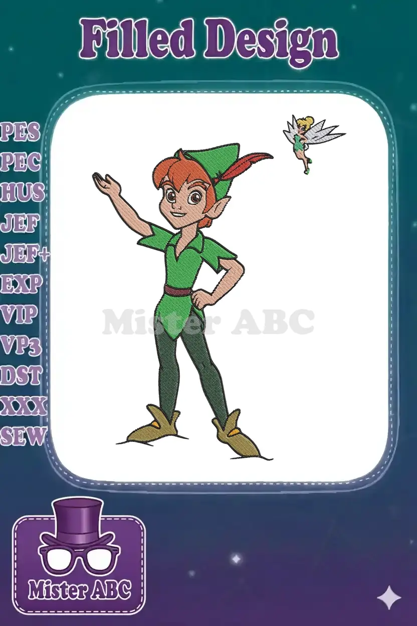 Full-color embroidery design featuring Peter Pan in green attire, with his arm outstretched, and a tiny Tinker Bell flying above him.
