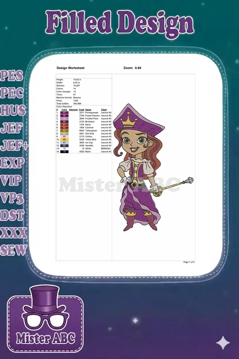 A comprehensive design worksheet displaying the princess pirate embroidery design, including dimensions, stitch count, color sequence, and thread chart for precise crafting.