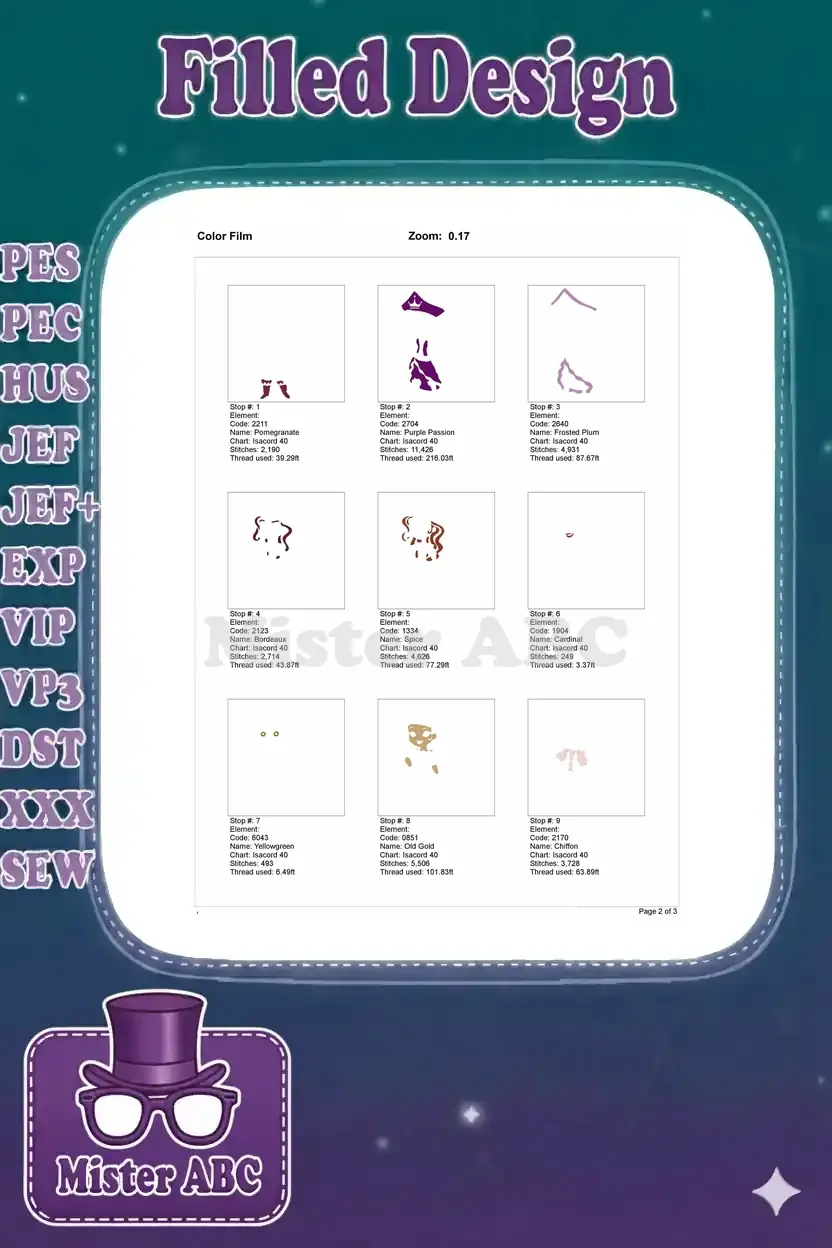 First page of the color film document, detailing the initial nine color stops for the princess pirate embroidery, showing stitch order and thread usage.