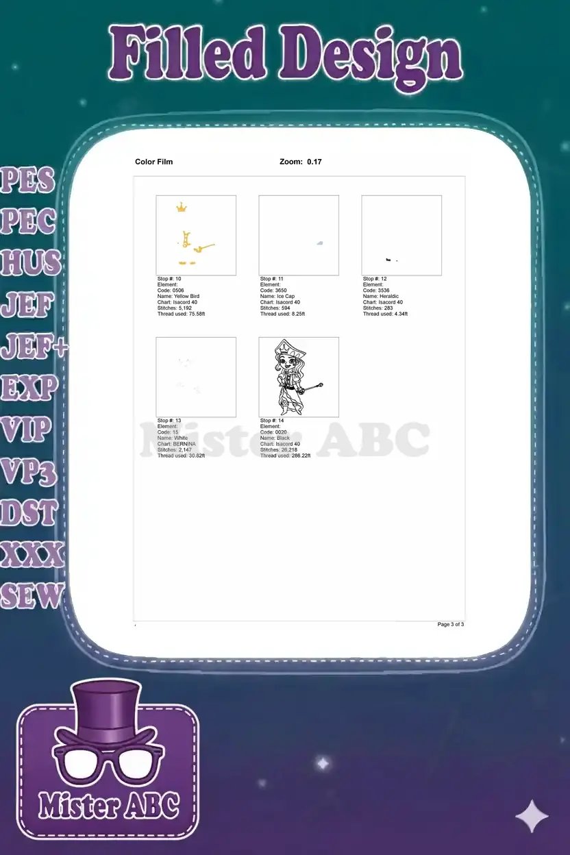 Second page of the color film document, detailing the remaining color stops for the princess pirate embroidery, showing stitch order and thread usage.
