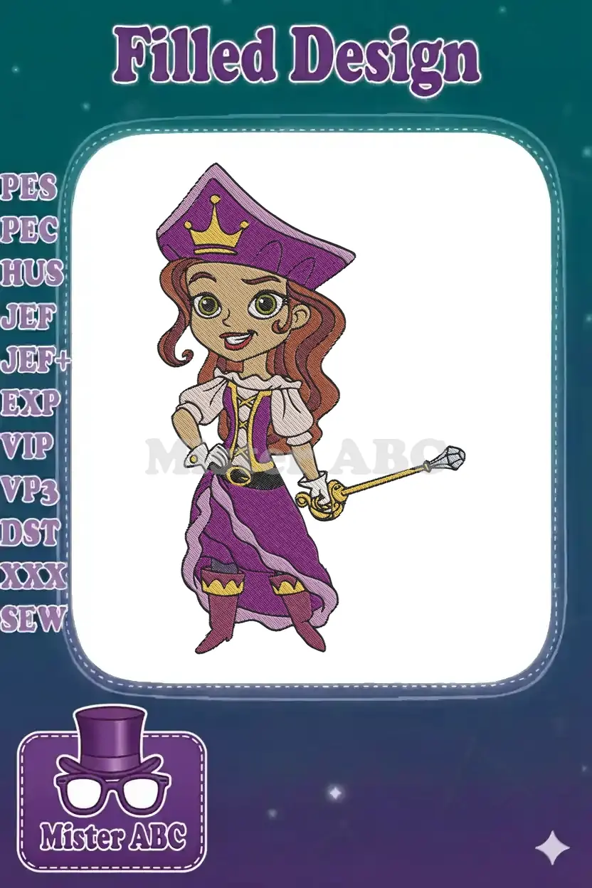 A vibrant embroidery design of a cheerful, dark-skinned princess pirate with long brown hair, wearing a purple outfit and holding a sword, ready for adventure.