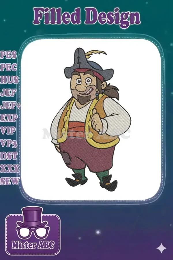 Vibrant cartoon pirate embroidery design featuring a cheerful character with a feathered hat, vest, and a thumbs-up gesture, perfect for children's apparel.