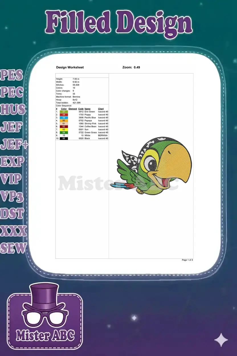 Embroidery design worksheet detailing the pirate parrot, including dimensions, stitch count, color sequence, and thread codes.