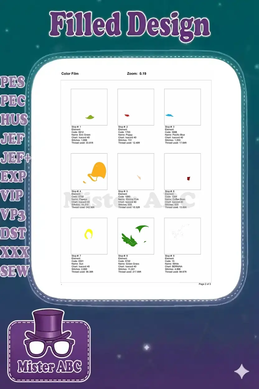 First page of the color film for the pirate parrot embroidery, showing the initial nine color stops and stitch details.
