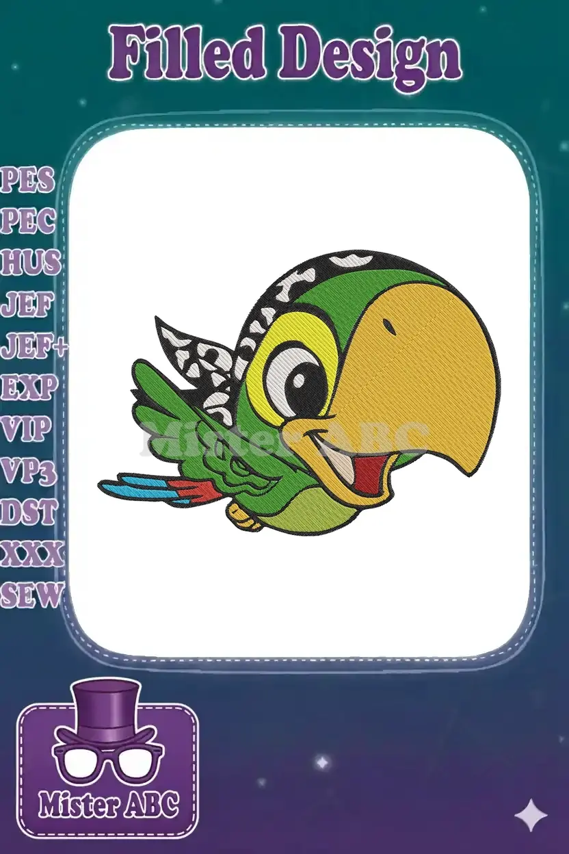 Close-up of a vibrant cartoon pirate parrot embroidery design, featuring a green body, yellow beak, and a black and white bandana.
