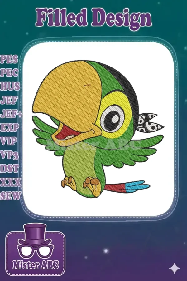 A vibrant, cartoonish pirate parrot embroidery design with a yellow beak, green body, and black bandana.