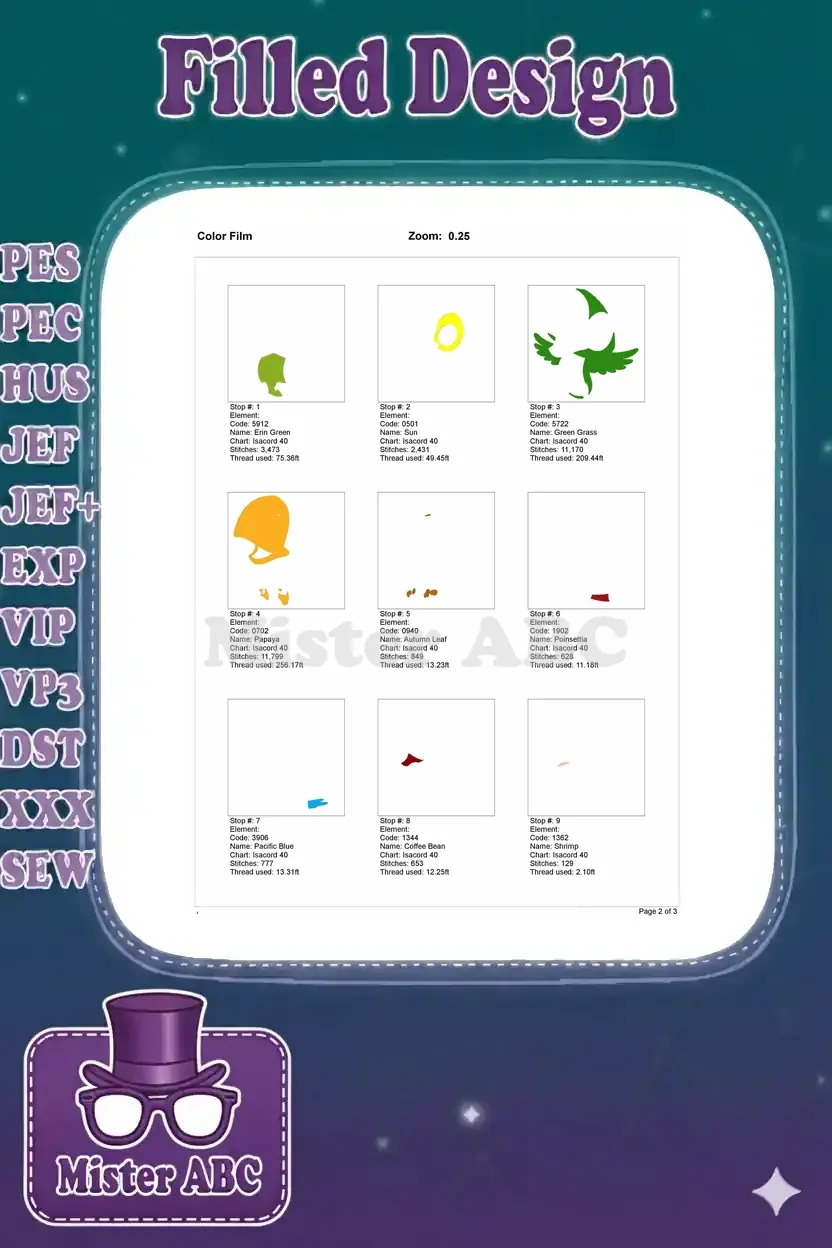 First page of the Color Film, showing individual color stops (1-9) for the pirate parrot embroidery design.