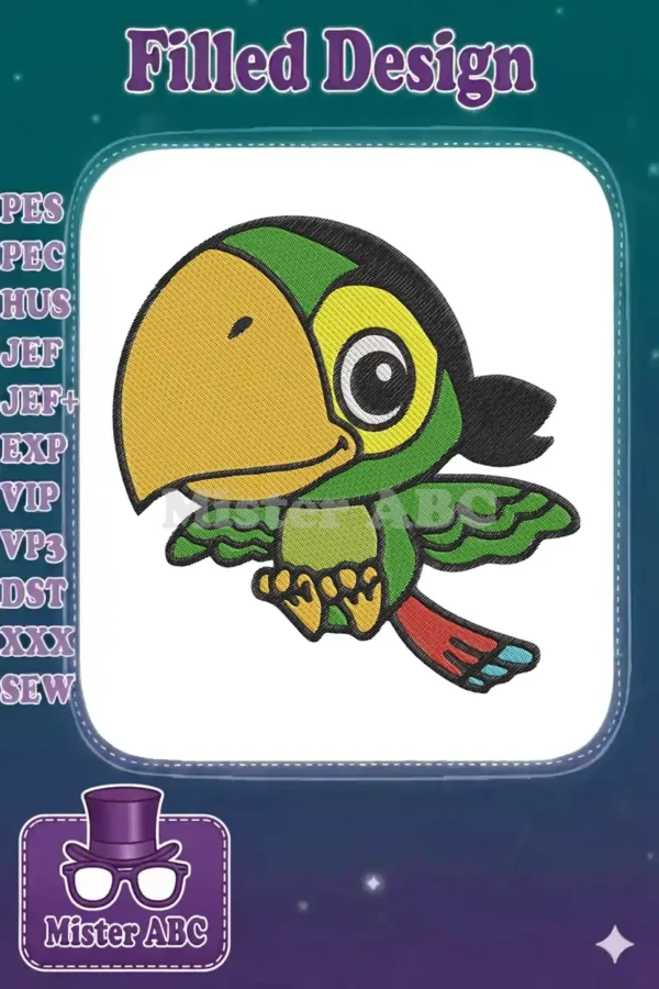 Close-up of a vibrant, cute cartoon parrot embroidery design with green, yellow, black, red, and blue colors.