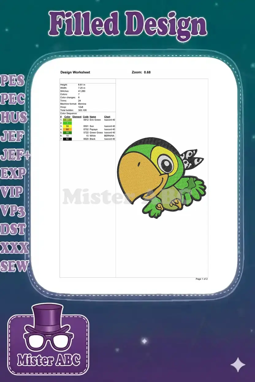 Embroidery design worksheet providing specs: height, width, stitches, colors, machine, hoop size, and color sequence.