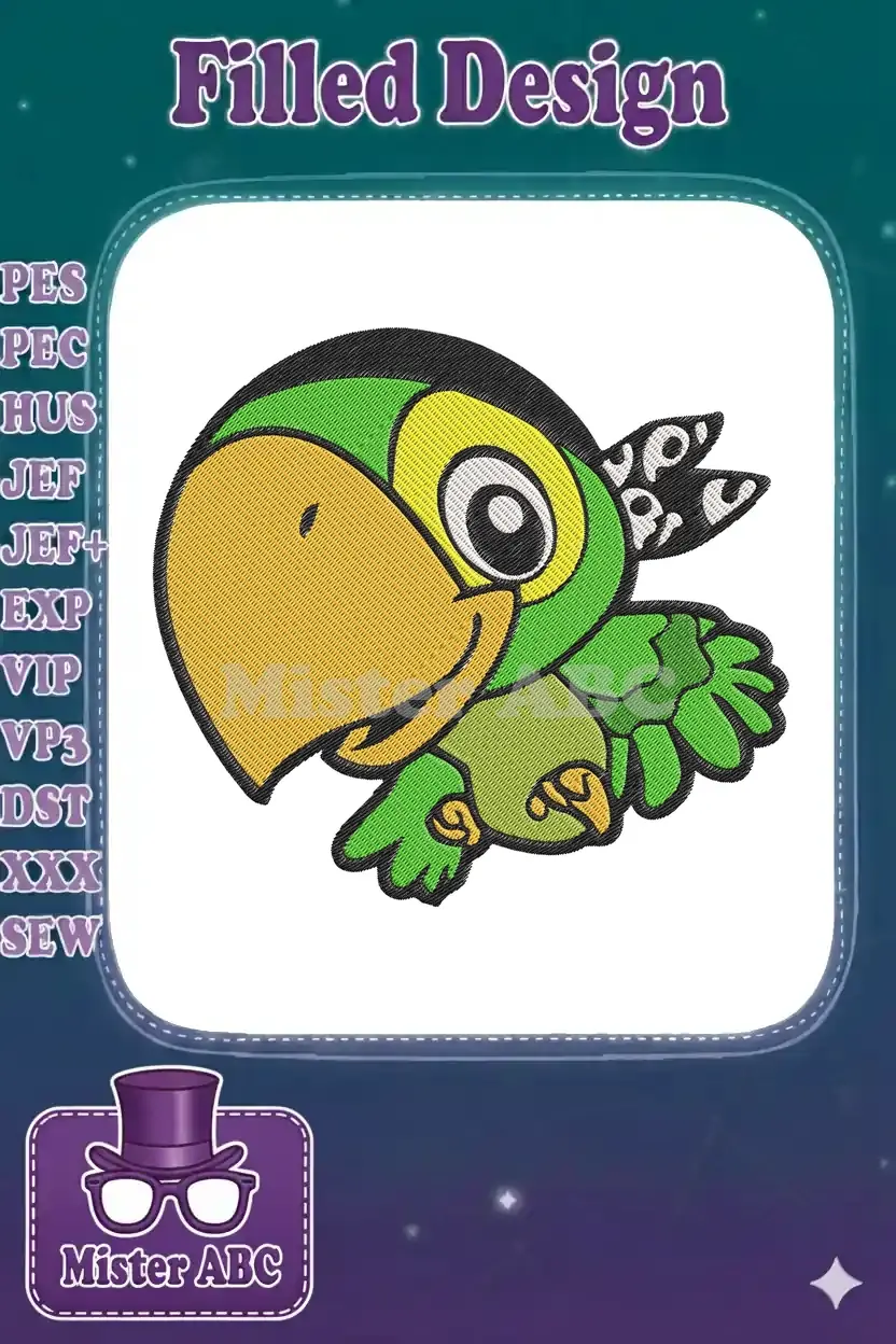 Vibrant cartoon parrot embroidery design with green, yellow, black, and white colors, showcasing detailed fill stitches.