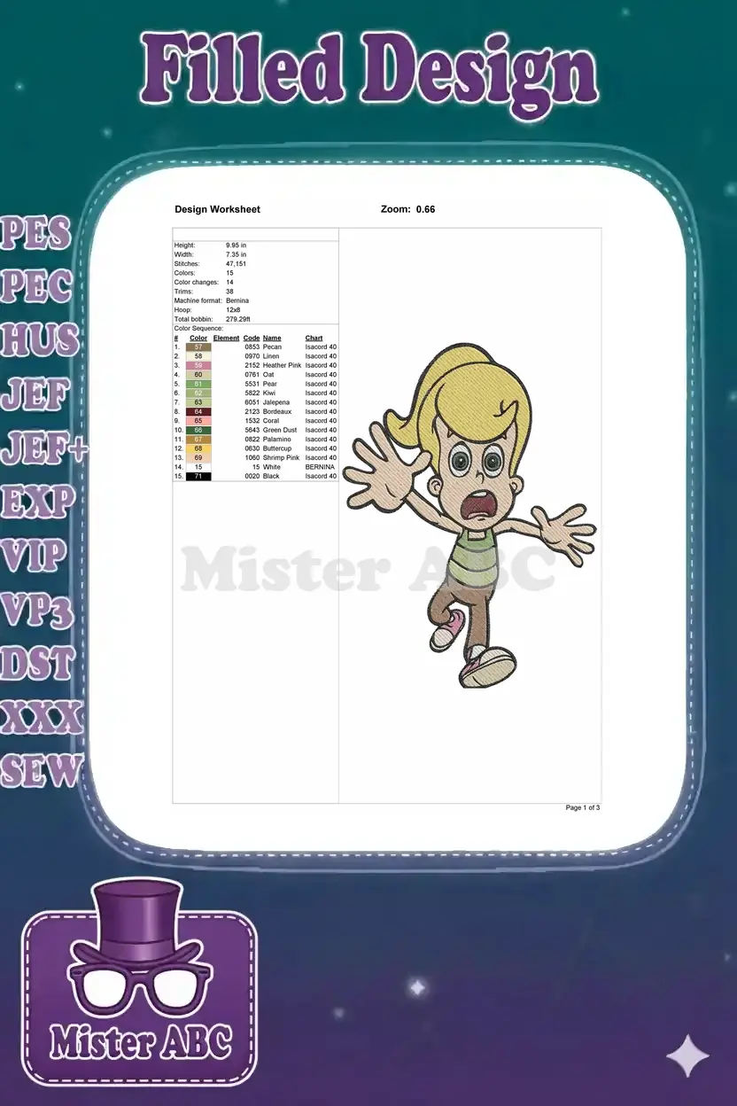 Embroidery design worksheet detailing stitch count, dimensions, color chart, and thread information.