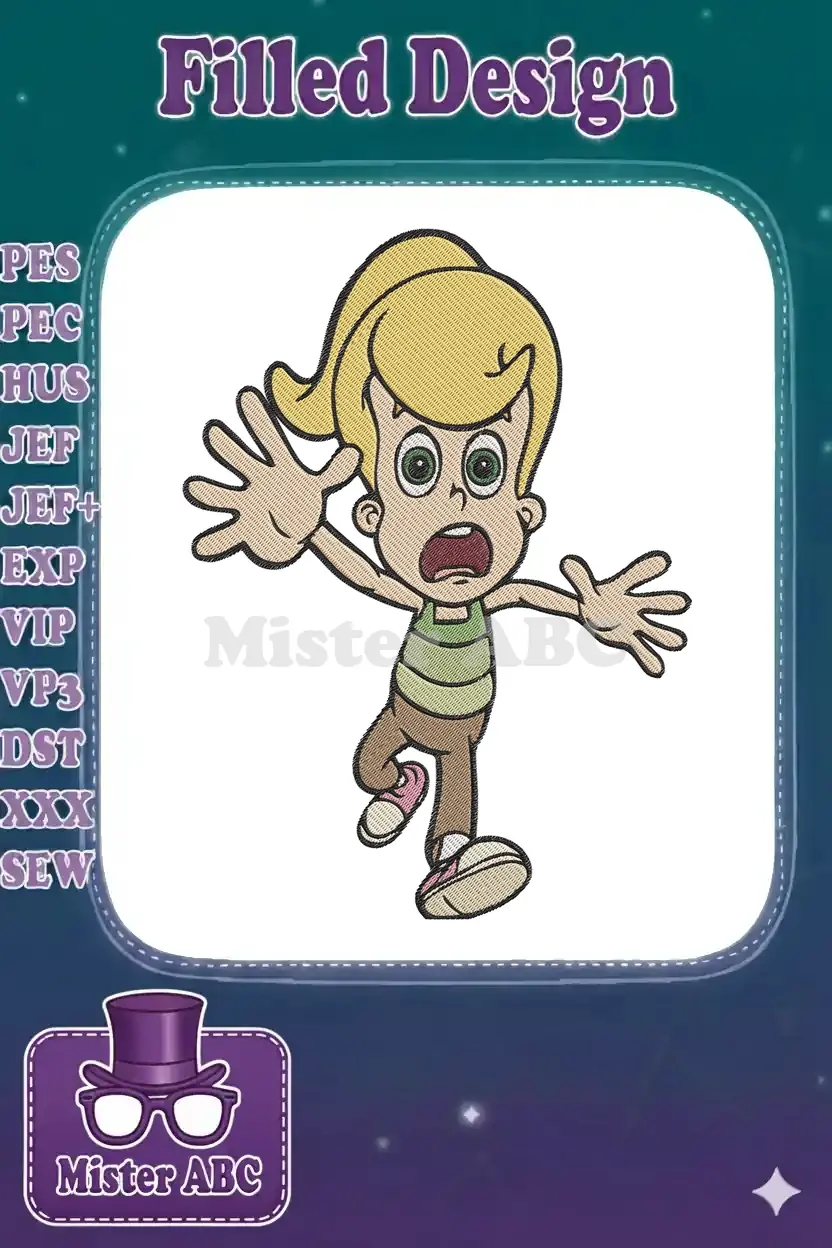 Vibrant embroidery of a blonde cartoon girl with wide eyes and open mouth, hands raised in surprise or fear.