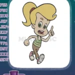 Energetic blonde cartoon girl running and pointing embroidery designs - Instant Download