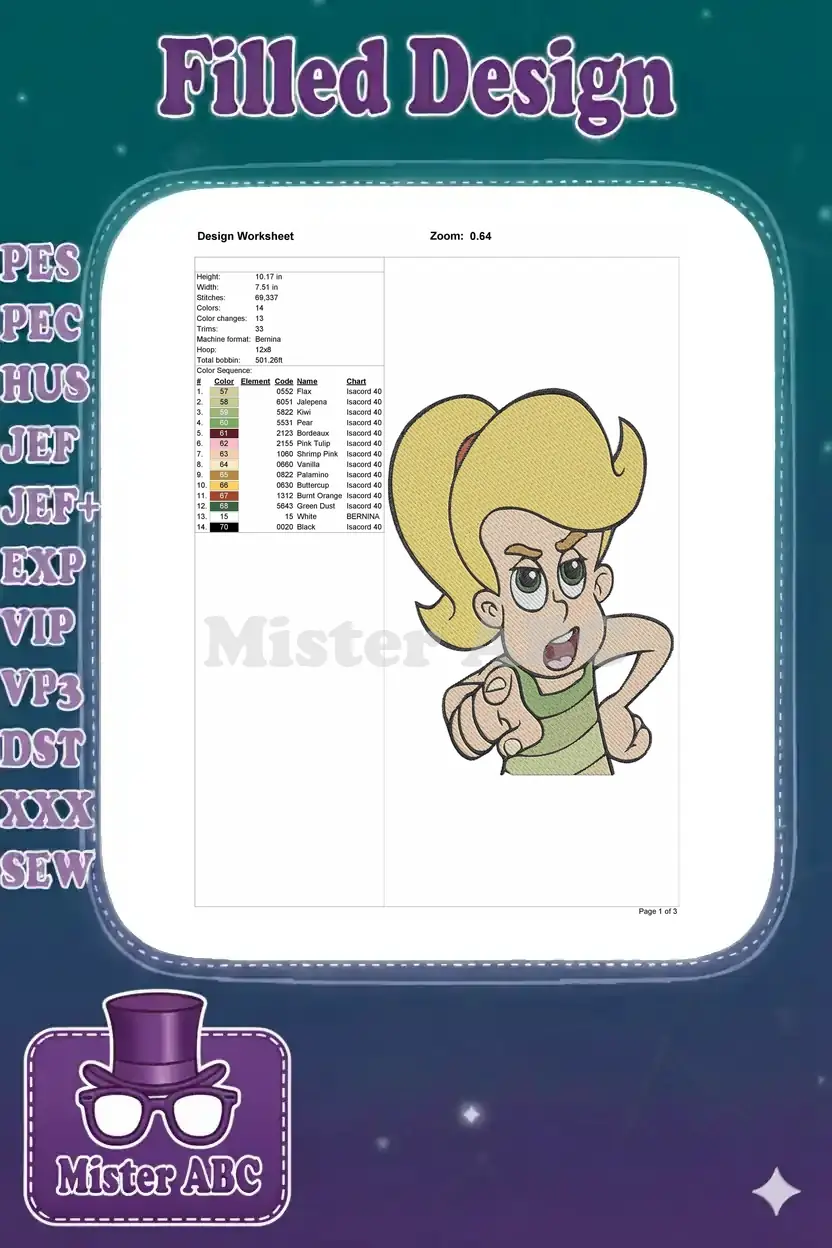 Comprehensive design worksheet for the Cindy Vortex embroidery, detailing dimensions, stitch count, and thread colors.