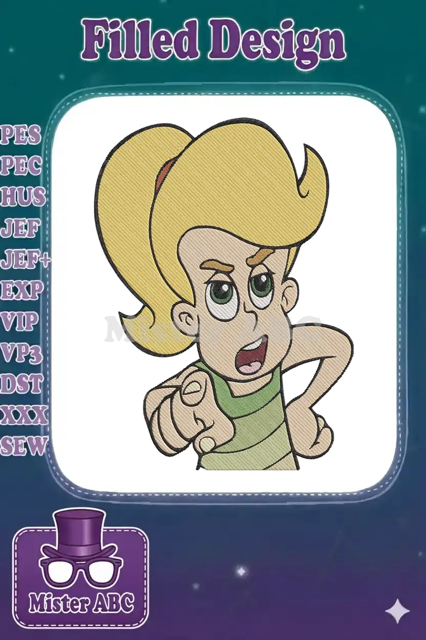 High-quality embroidery design featuring Cindy Vortex from Jimmy Neutron, captured with vibrant colors and expressive detail.