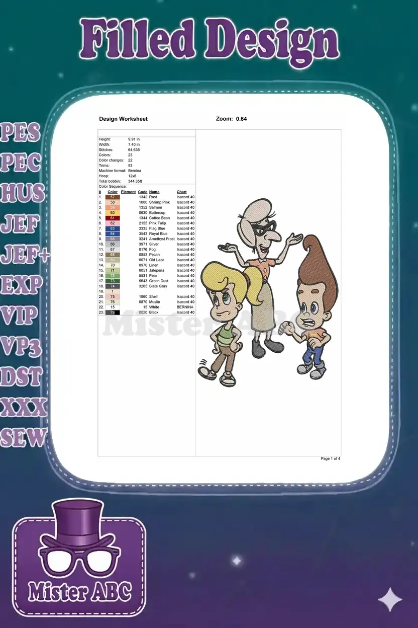 Detailed embroidery design worksheet showing dimensions, stitch count, and thread color sequence chart.