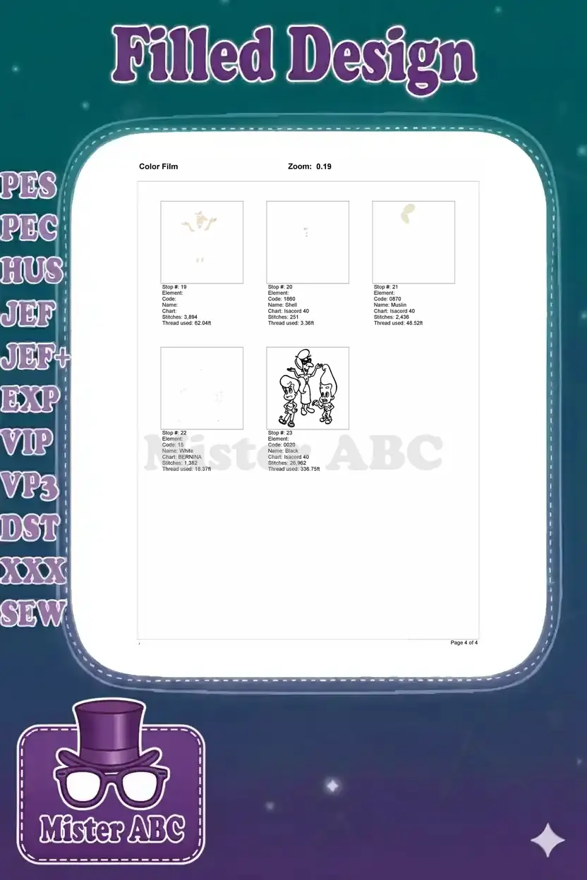 Third and final page of the embroidery color film, detailing thread color stops 19 through 23 and final outlines.