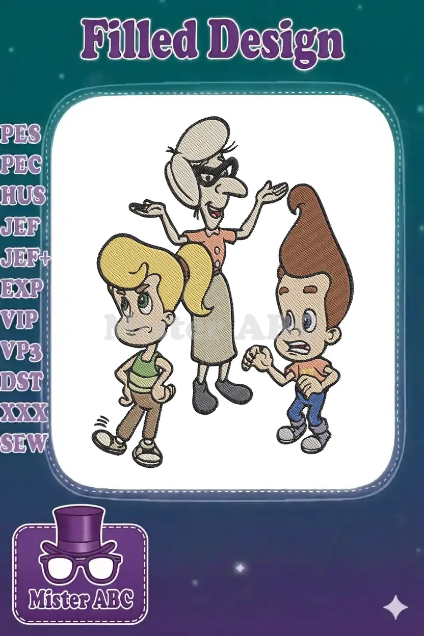 Full-color embroidered design of Jimmy Neutron, Carl Wheezer, and Ms. Fowl, captured in a dynamic pose.