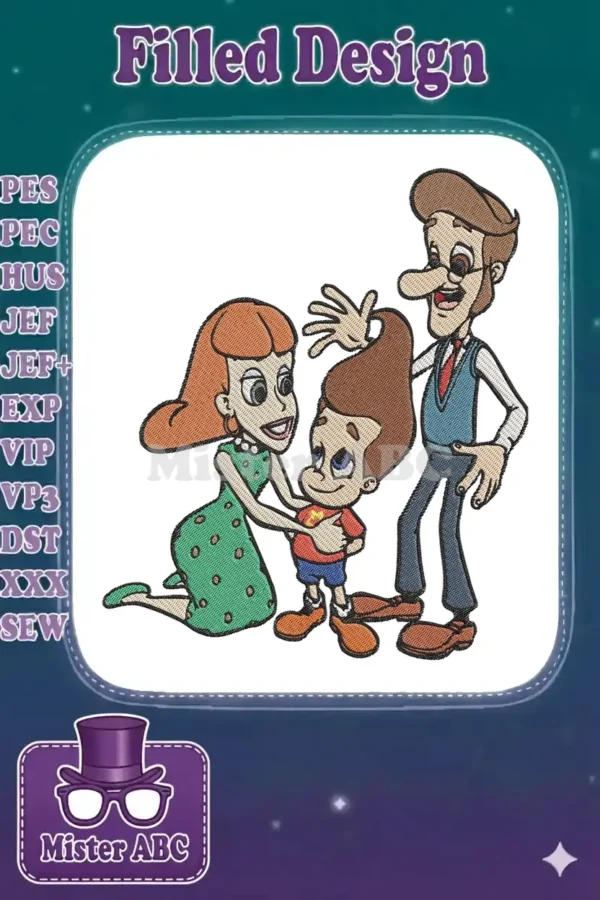 Vibrant embroidery design featuring Jimmy Neutron, Hugh, and Judy Neutron, capturing a heartwarming family moment.