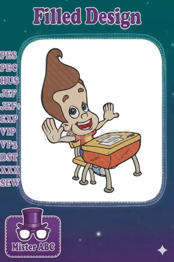 Vibrant Jimmy Neutron embroidery design, sitting at a school desk with hands raised, detailed and colorful.