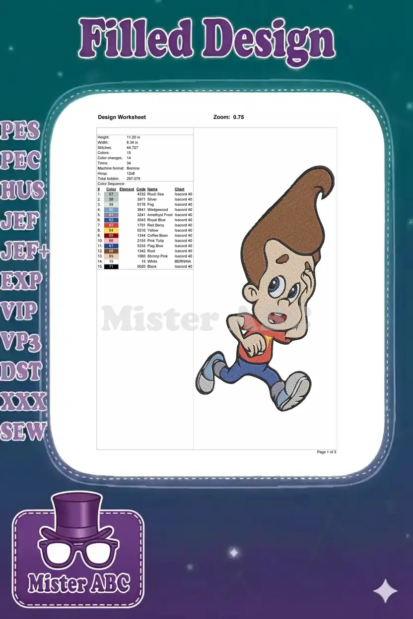 A comprehensive design worksheet for the Jimmy Neutron embroidery, detailing dimensions, stitch count, color changes, and thread chart.