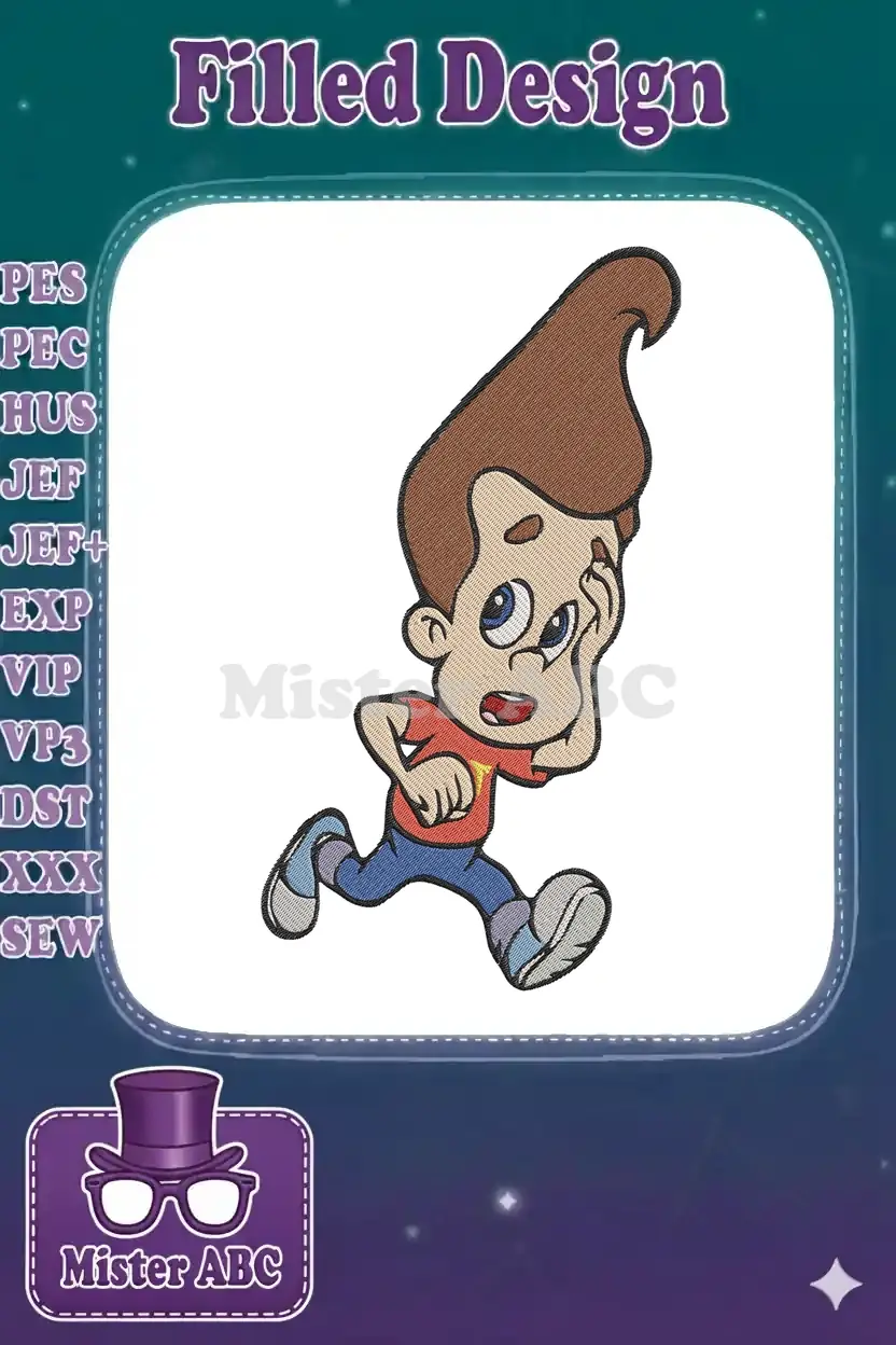 Vibrant embroidery design of Jimmy Neutron running with a worried expression, showcasing detailed fill and satin stitches on a white background.