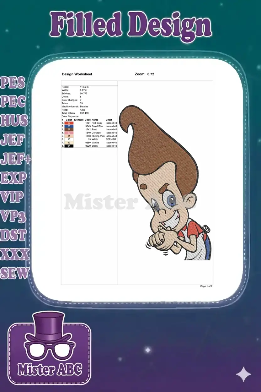 Embroidery design worksheet for Jimmy Neutron, detailing dimensions, stitch count, color sequence, and machine formats.