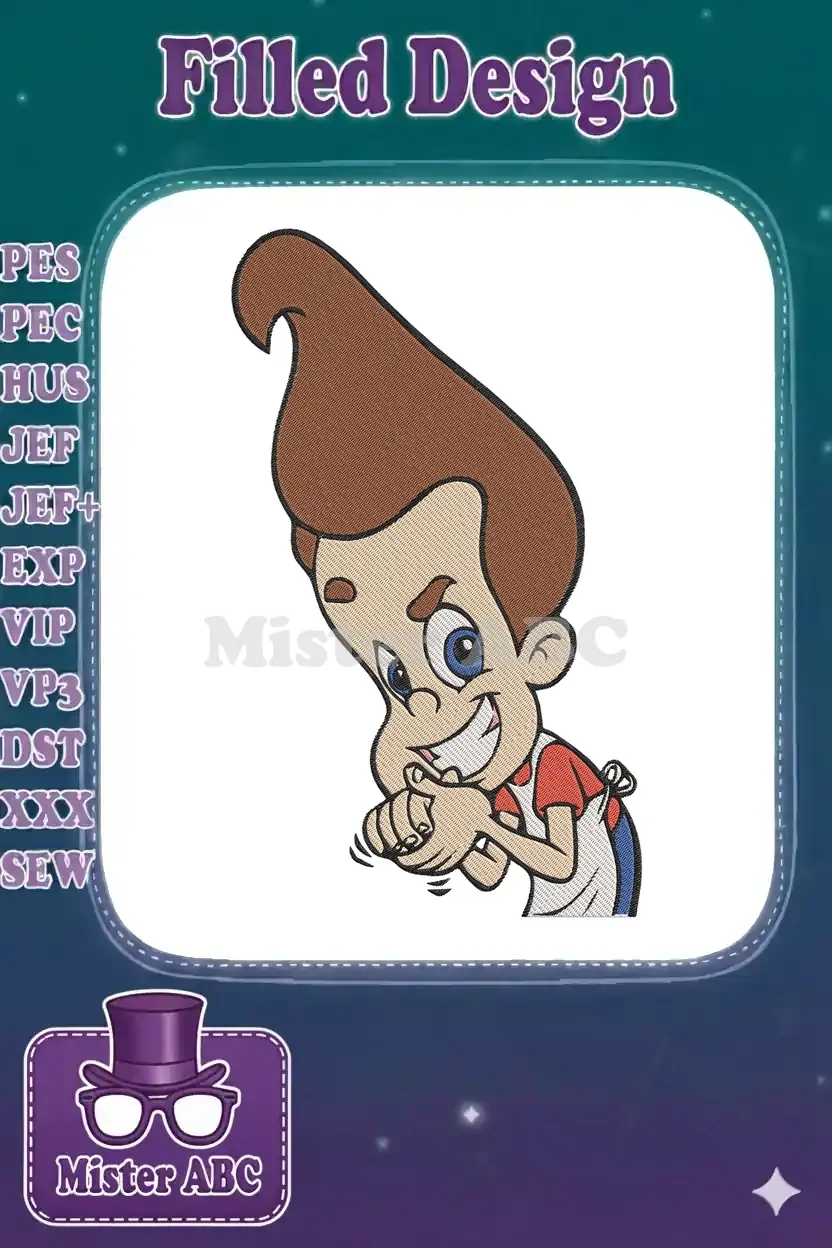 Close-up of a vibrant Jimmy Neutron embroidery design, featuring his iconic hair and mischievous smile, ready for stitching.