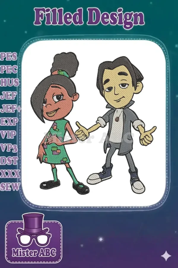 Vibrant embroidery design of Penny Proud and Sticky Webb holding hands, showcasing detailed fill stitches and bold outlines.
