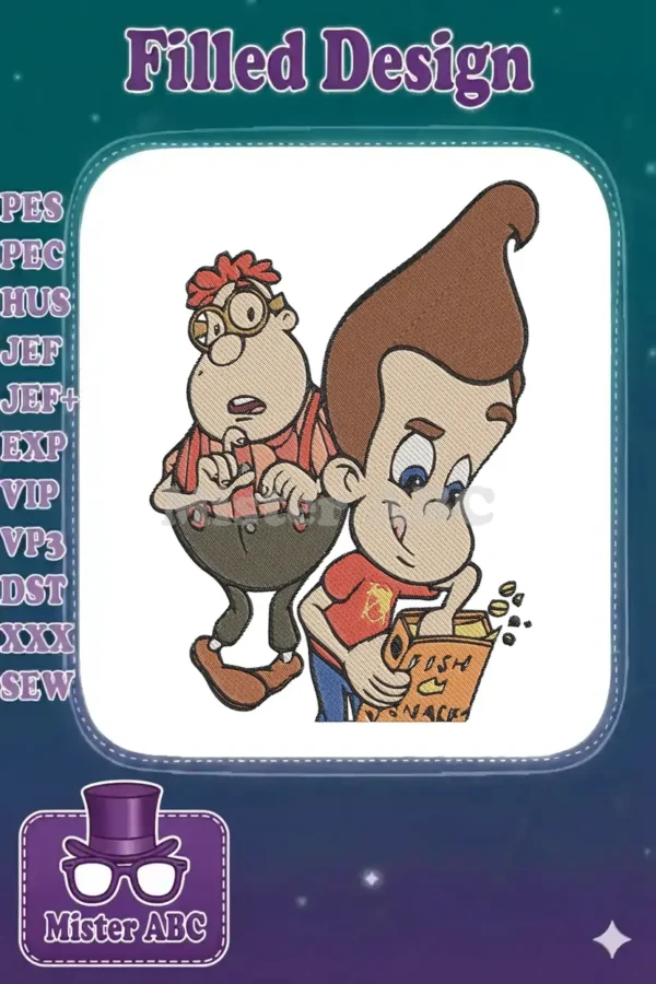 Jimmy Neutron and Carl Wheezer embroidery design, vividly capturing their animated expressions and iconic scene.