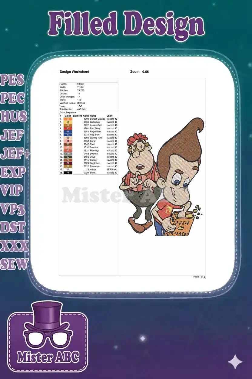 Embroidery design worksheet for Jimmy Neutron and Carl Wheezer, detailing stitch count, dimensions, and color chart.