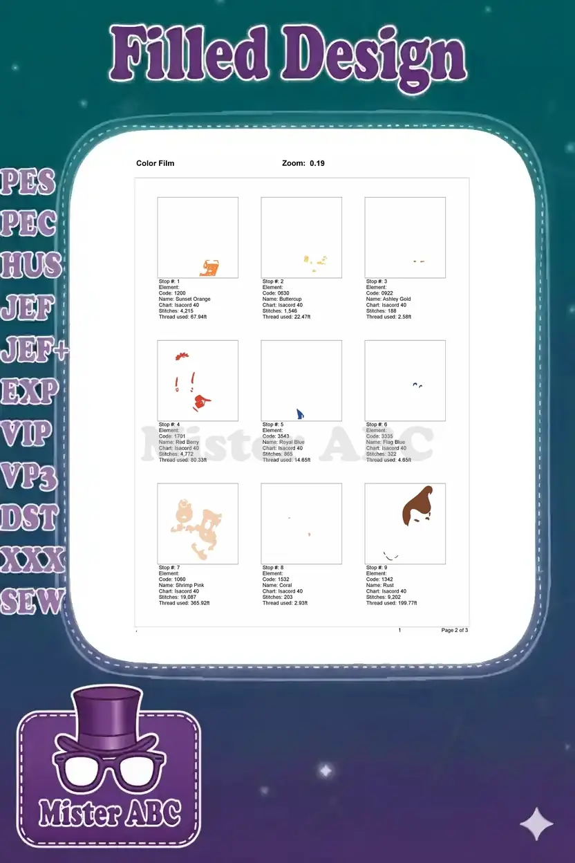 Color film page 1, showing the initial 9 embroidery color stops and their respective stitch sequences.